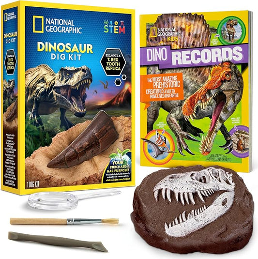 National Geographic Dinosaur Fossil Dig Kit with Dino Book for Kids 8-12 | Replica Dinosaur Tooth Fossil, Full-Color Dino Book, Excavation Tools, Paleontology Learning, STEM Activity