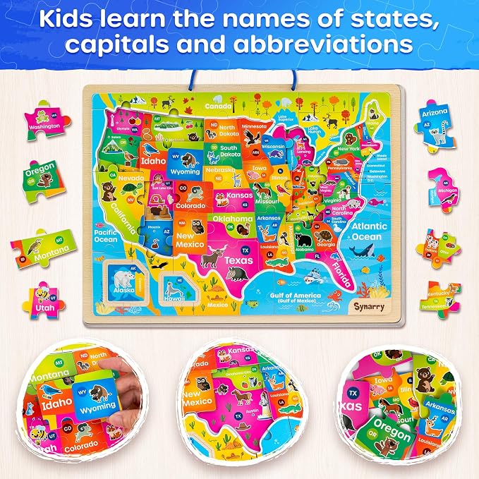 SYNARRY Large USA World Solar System Wooden Magnetic Puzzles for Kids Ages 4-6, Wood Puzzles Educational Games Toys Easter Gifts for Toddlers, United States World Space Map for Boys Girls Ages 3-5 4-8