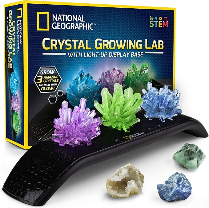 National Geographic Crystal Growing Kit with 3 Crystals for Kids Ages 8-12 | Grow 3 Vibrant Crystals, Light-Up Night Display, 3 Real Gem Specimens, Science Experiment, STEM Learning, Birthday Gift