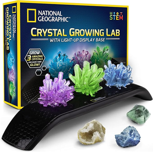 National Geographic Crystal Growing Kit with 3 Crystals for Kids Ages 8-12 | Grow 3 Vibrant Crystals, Light-Up Night Display, 3 Real Gem Specimens, Science Experiment, STEM Learning, Birthday Gift