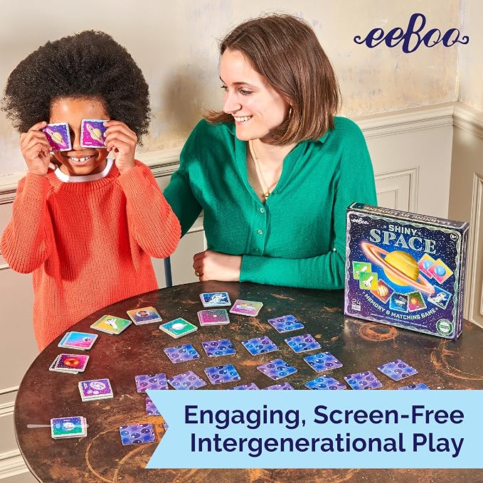 eeBoo Shiny Space Memory & Matching Game, Ages 5+, 1-6 Players | Introduces space & science vocabulary. Sharpens recognition, concentration & memory skills. Includes 48 foil tiles, 24 pairs