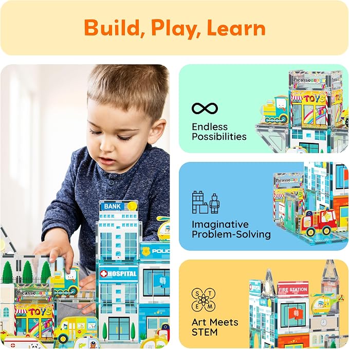PicassoTiles Metro City Hospital Magnetic Tiles, STEM Building Set Ages 3+ | 8 vehicles and figures, illustrated road and rescue scenes, imaginative role play, screen-free learning for curious minds