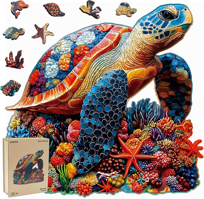 Wooden Puzzles for Adults, Coral Sea Turtle Jigsaw Puzzles for Adults, 300 Piece Unique Animal Shaped Wood Cut Puzzles, Fun Challenging Turtle Puzzles Gift for Family Game Night Home Decor 14.6*15in
