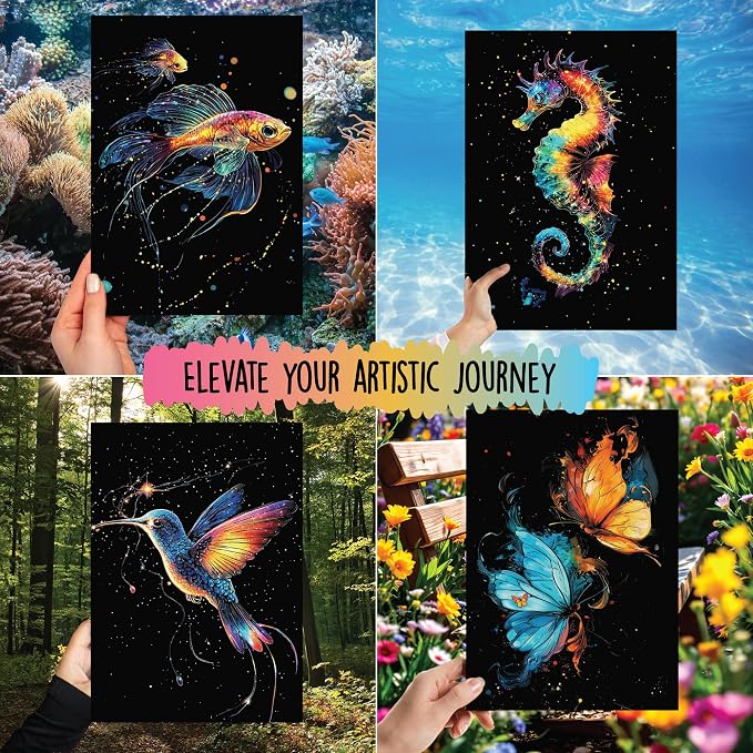 Scratch Art Book for Adults - Animal Series, 10 Rainbow Art and Crafts for Adults | Adult scratch art & foil art for adults kit | stress relief scratch painting, screen-free travel craft | scratch art adult