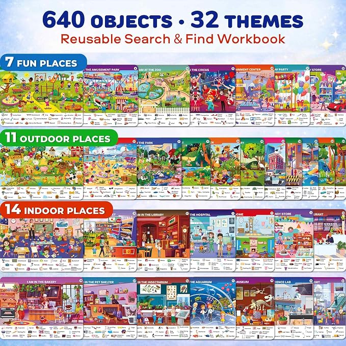Busy Book for Toddlers 3-5 - Reusable Dry Erase Workbooks for Kids 4-6 | Places I Visit Search and Find Activity Book with Markers - Workbook for Travel and Quiet Time Learning