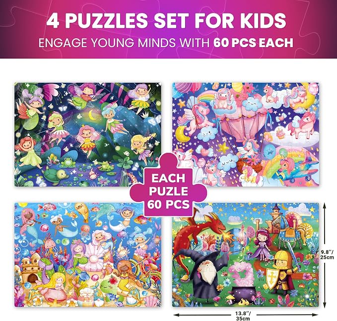 60 Piece Puzzles for Kids Ages 4-6 - 4 Unicorn Toddler Puzzles for Kids 4-8 | Glow in the Dark Puzzles with Mermaids and Fairy Tale - Fun Educational Toddler Game Toys Gift for Boys and Girls