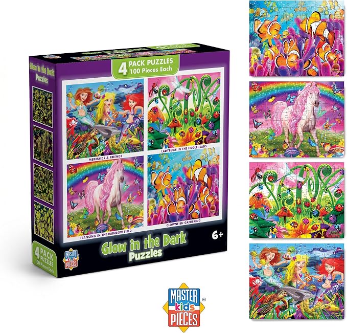 MasterPieces – Jigsaw Puzzle Set for Kids 6+ Years, 4-Pack of 100 Pieces, Educational and Fun Game, Purple Glow in the Dark Collection, Gift Idea for Children, 8" x 10