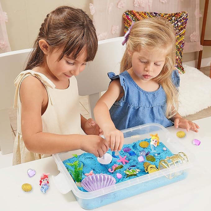 38 PCS Mermaid Sensory Bin with 2 lb Magic Sand, Ocean Molds & Treasure Accessories – Creative Sand Play Gift for Girls Ages 3–8