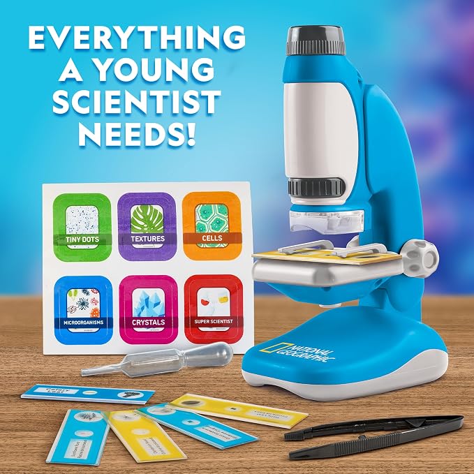 National Geographic Junior Microscope Science Kit with 250x Magnification | Handheld Mini Attachment, 12 Slides, Dual Viewing Options, Biology Experiments, Beginner STEM Toy, Birthday Gift