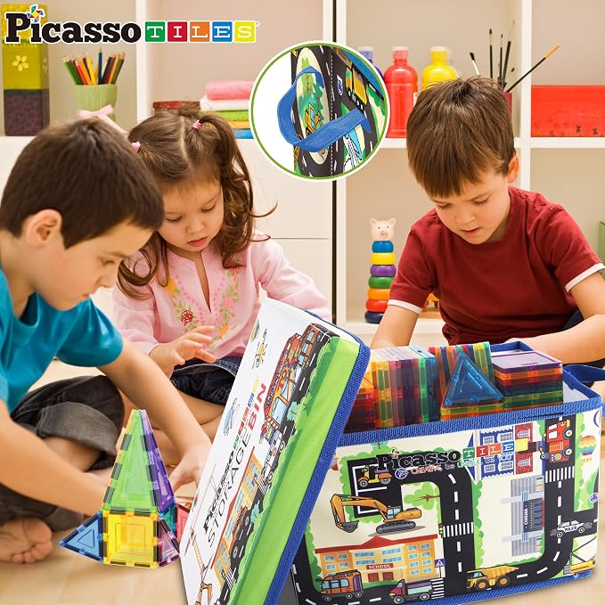 PicassoTiles Magnet Tile Toy Organizer Foldable City Theme Storage Bin Box with Lid and Handles Magnetic Tiles Building Blocks STEM Educational Pretend Play Playroom Toys Toddler Kids Ages 3 Up PTA33
