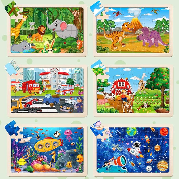 6 Packs Puzzles for Kids Ages 4-6,24Pcs Wooden Puzzles for Kids Ages 3-5 | Dinosaur,Animals,Vehicle,Space,Farm, Jigsaw Puzzles,Preschool Educational,Toys Gifts,for Children,Ages 3+Year Olds,Boys Girls