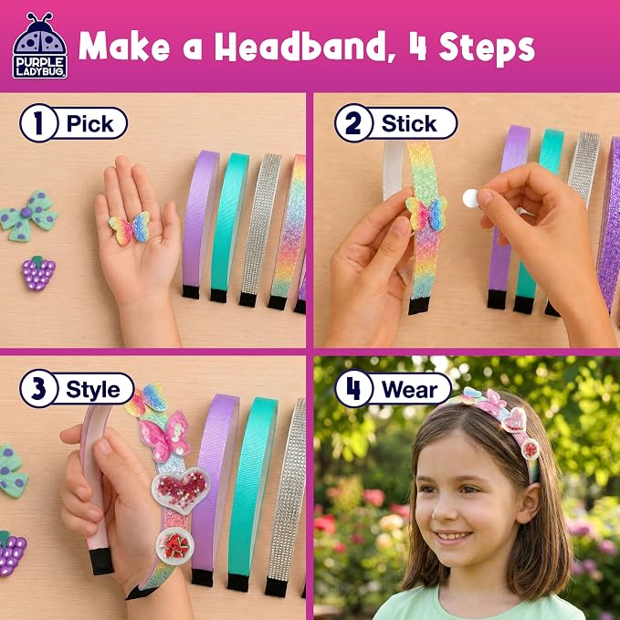 Glamour Headband Making Kit for Girls Ages 5+, Mess-Free Playdate Activity | DIY Craft Kit with 6 Satin Headbands for Girls, Easy to Make, Screen-Free Activity, Birthday Gifts for 5 Years Old Girls