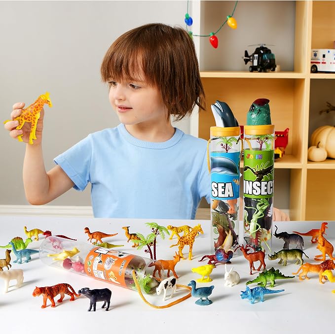 JOYIN 69 Pcs Small Animal Figures, Mini Jungle Toy Set with Sensory Bin, Realistic Wild Forest Playset, Zoo, Ocean, Farm Animals Figurines, Dinosaur Party Favors, Easter Gifts for Boys and Girls 3-5