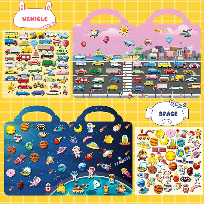 Kalysky 6Set Puffy Sticker Books for Kids 2-4, 3D Reusable Stickers Books for Toddlers 1-3 2-4,Farm+Animal+Dinosaurs+Ocean World+Space+Vehicle
