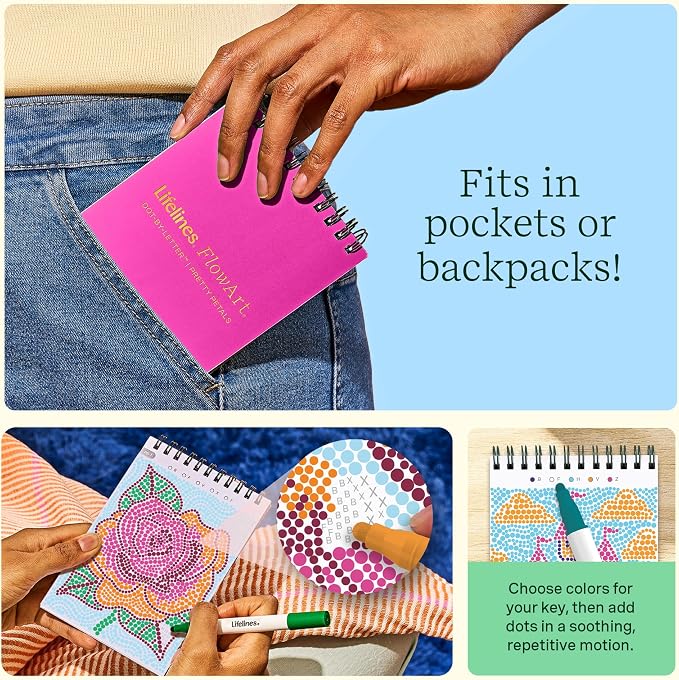 Lifelines FlowArt Mini Activity Pads, 3-Pack, Dot-by-Letter Coloring Books | 15 Markers & 60 Scenes - Guided Art Meditations for Tweens, Adults & Seniors - Dot-by-Letter - Patent-Pending