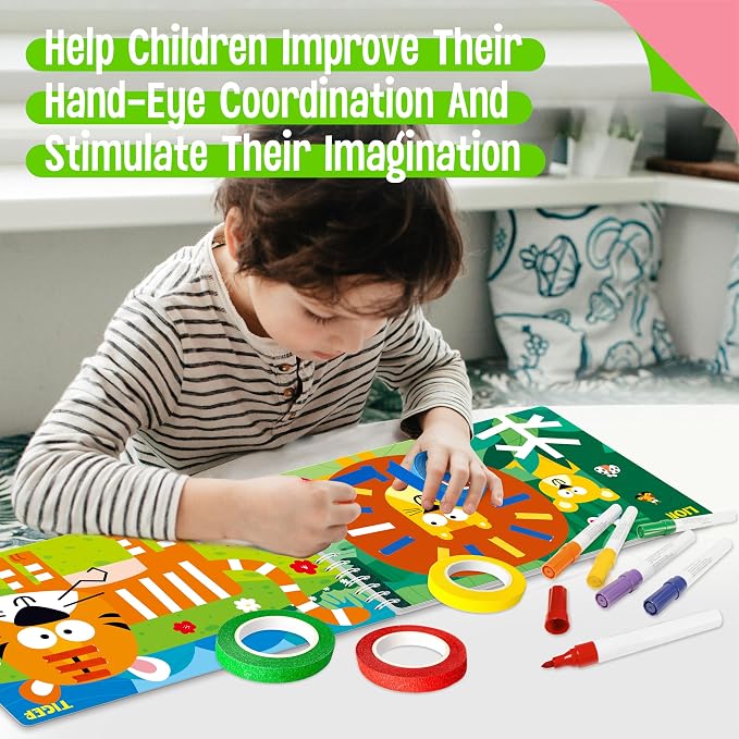 SpriteGru Tape Activity Book, 30 Dry Erase Scenes and 4 Colorful Tapes, Reusable & Erasable Pages and Easy-Tear Tapes, Fun and Creative Animal Theme Game Pad for Road Trip, Travel, At Home