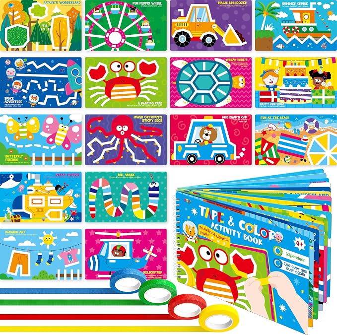 SpriteGru Tape Activity Book, 30 Dry Erase Scenes and 4 Colorful Tapes, Reusable & Erasable Pages and Easy-Tear Tapes, Fun and Creative Game Pad for Road Trip, Travel, At Home