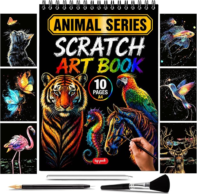 Scratch Art Book for Adults - Animal Series, 10 Rainbow Art and Crafts for Adults | Adult scratch art & foil art for adults kit | stress relief scratch painting, screen-free travel craft | scratch art adult