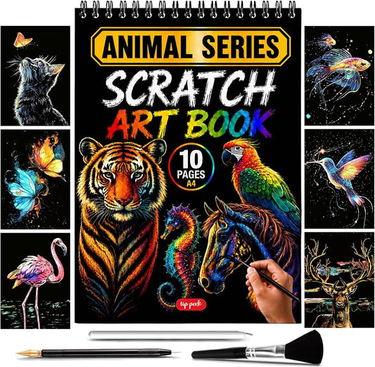 Scratch Art Book for Adults - Animal Series, 10 Rainbow Art and Crafts for Adults | Adult scratch art & foil art for adults kit | stress relief scratch painting, screen-free travel craft | scratch art adult