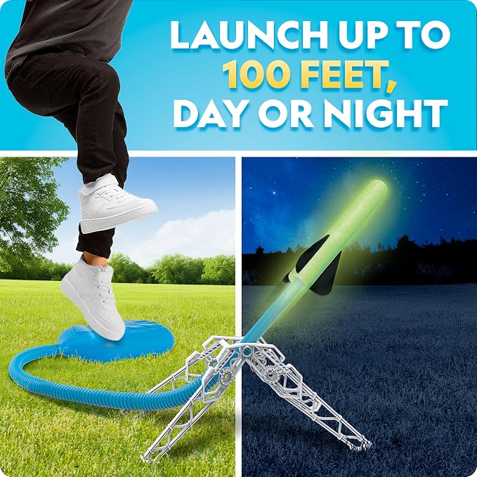 National Geographic Glow in the Dark Air Rocket Launcher Toy for Kids 8-12 | Glow-in-the-Dark Foam Rockets, Launches Up to 100 Feet, Adjustable Base, Outdoor STEM Activity, Backyard Play, Birthday Gift