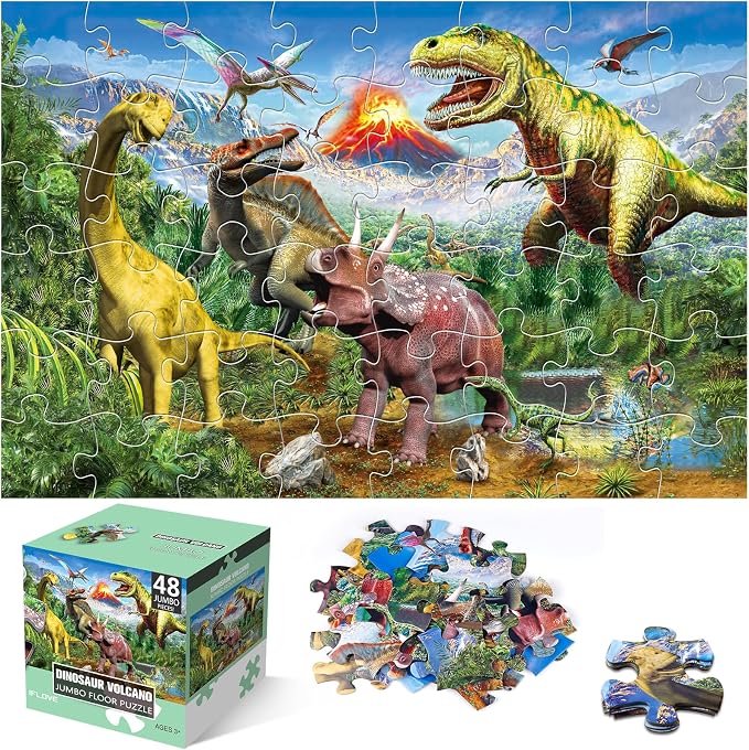 Jumbo Floor Puzzle for Kids,48 Piece Volcano Dino Jigsaw Puzzle Ages 3-8 | Thick Cardboard Volcano Dinosaur Puzzle for Preschool Learning, Toddlers Ages 3-8, 35x24 in Completed,Gift for Boys and Girls