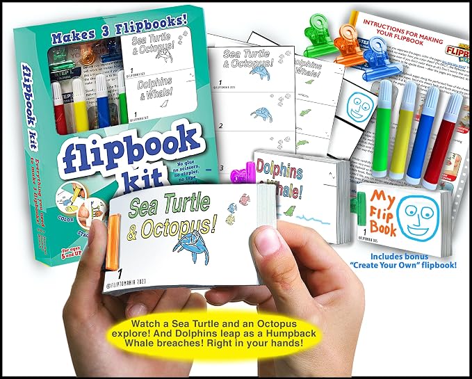 Fliptomania Flipbook Make-Your-Own Flip Book Kit for Kids 3 Pack, Crab and Octopus, Dolphin and Whale , & Blank DIY Flipbook Paper, Drawing Kids Arts & Crafts Project Set, for Kids Ages 8-12