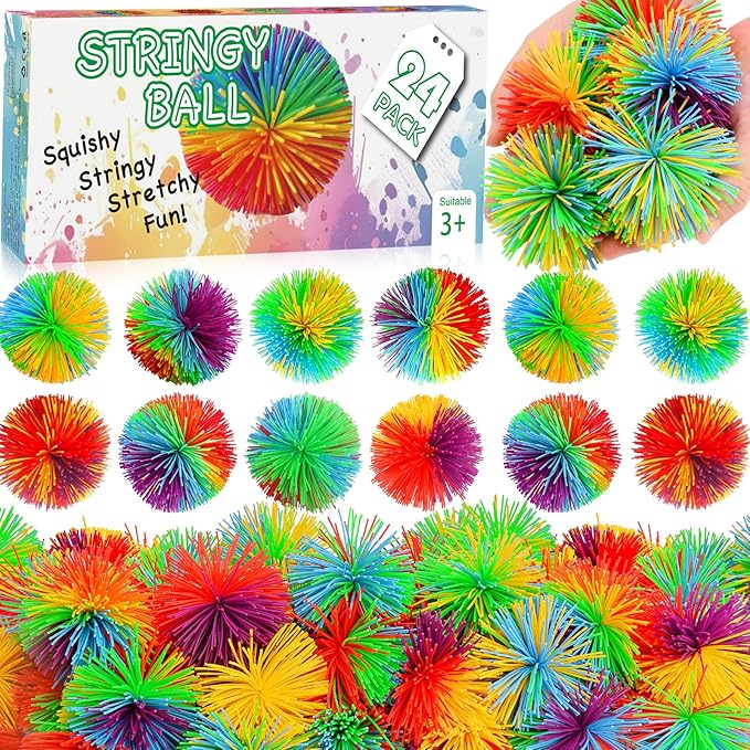 SHQDD 24 PCS Stringy Balls, Sensory Stringy Ball, 2.75 inch Soft Rainbow Pom Bouncy, Basket Stuffers Fillers, Monkey Pom Balls Fidget Toys Stress Ball, Party Favors Birthday Gifts (Multi-Color)