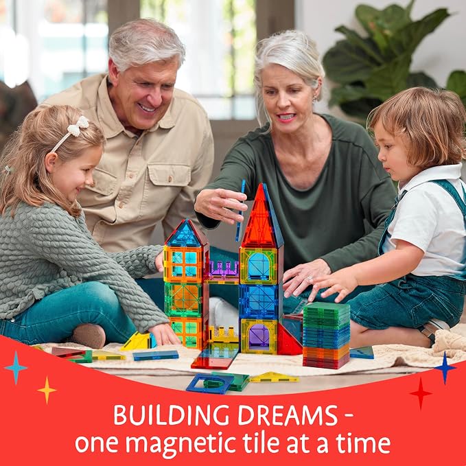 SUNNY AUNTIE Magnetic Tiles STEM Toys Building Set, Ages 3+ - 125 Pieces | Magnetic Tiles Building Toys, STEM Toys, Magnetic Blocks Construction Set, with 2 Cars & Guide Booklet for Kids Ages 3+