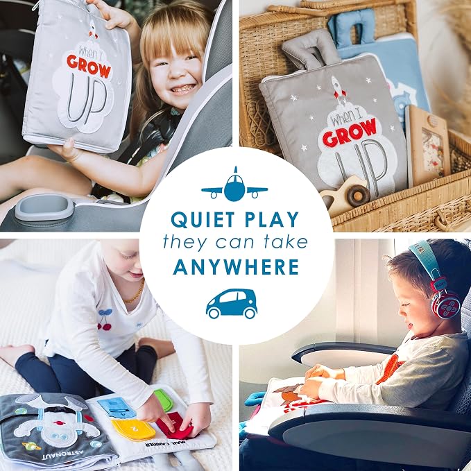 Curious Columbus When I Grow Up Quiet Book, Fabric Busy Book for Travel | 10 Interactive Pages, Astronaut, Firefighter, Chef and Farmer Roles, Snap Fasteners, Book Zips Closed with Carry Handles