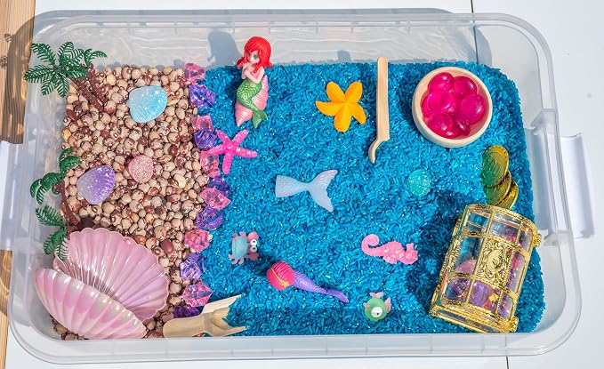 Mermaid Sensory Bin Kit for Kids | Blue Rice, Pinto Beans, Mermaids, Gems, Shells & Treasure Chest – Ocean-Themed Sensory Play with Storage Bin