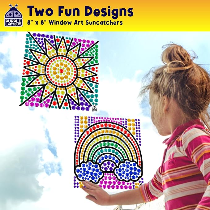 SunGemmers Suncatcher Kits for Kids, No Mess Crafts for 5 Year Old Girls | 2 Designs, Hundreds of Peel & Stick Colorful Gems, Hand-Eye Coordination, Screen-Free Activity, Gift for 6 Year Old Girl