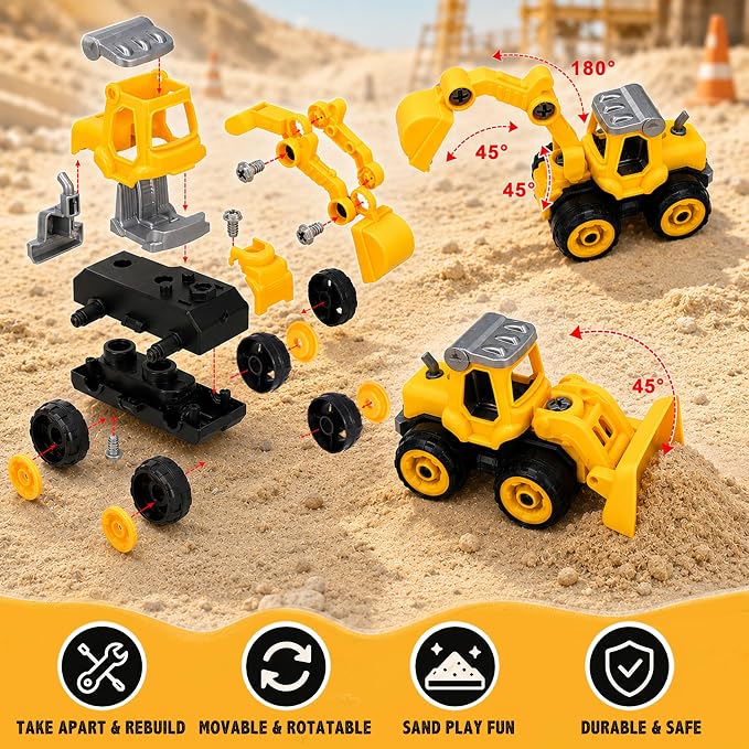Construction Sensory Bin，Sand Kit Gift for boys girls, Sensory Play Toys | Sand Kit with Sensory Sand, Glow Stones, Excavator, Construction Toys for Creative Play Ages 3+