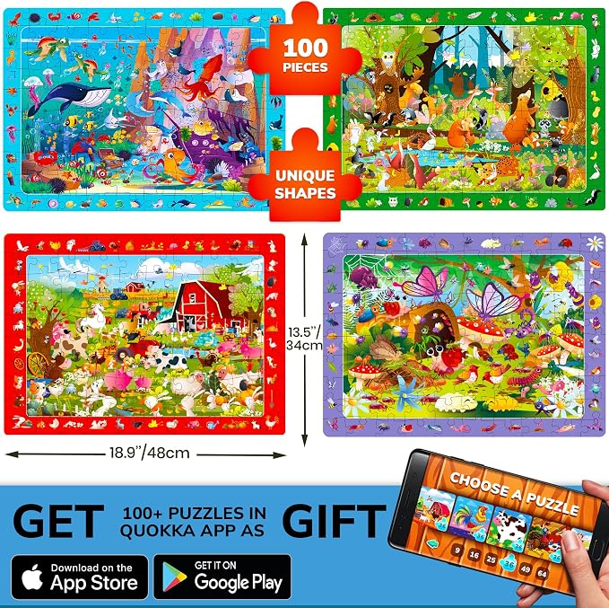QUOKKA 100 Piece Puzzles for Kids Ages 4-6 – 4xSET Jigsaw Puzzles for Kids Ages 6-8 – Educational Search & Find Game with Animals, Bugs for Childrens 5-8 – Toddler Learning Toy Gift for Boys and Girls