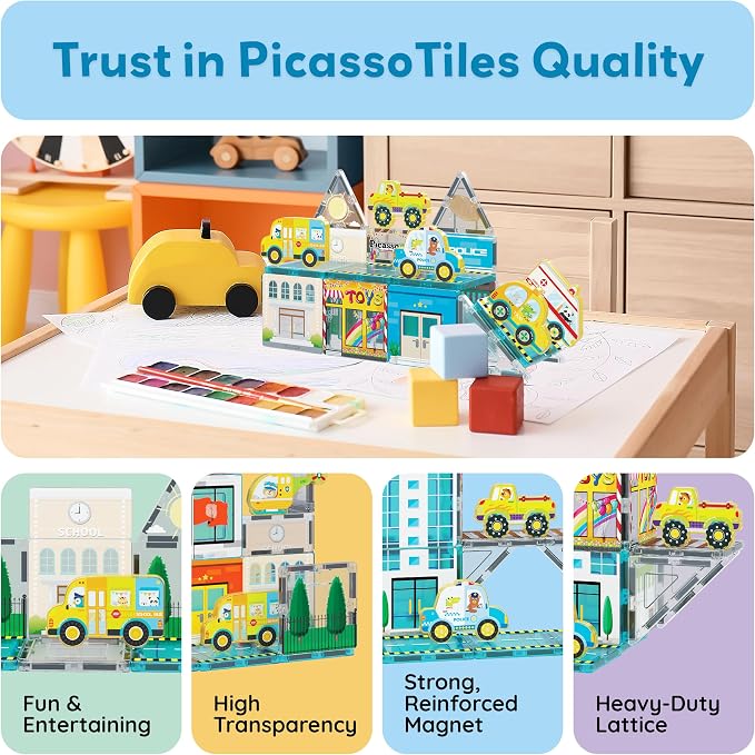 PicassoTiles Magnet Tile Building Blocks Metro City Themed Playset with 8 Character Action Figures Magnetic Tiles STEM Learning Early Education Toy Construction Set Toddlers Boys Girls Ages 3+ PTQ24