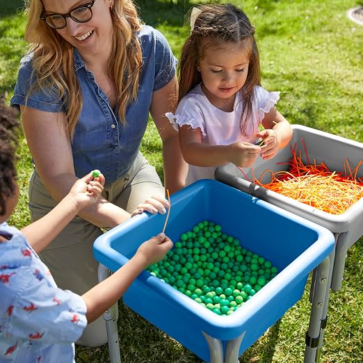 ECR4Kids 2-Station Sand and Water Adjustable Play Table, Sensory Bins, Grey/French Blue | Durable plastic/steel, GREENGUARD Gold Certified, 3-5 years, 80 lb capacity, adjustable legs, easy-lift lids, indoor/outdoor