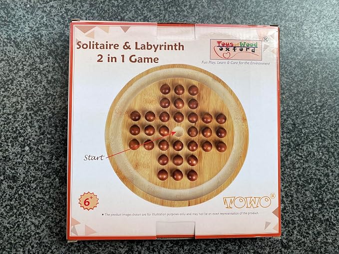 TOWO 2-in-1 Solitaire Labyrinth Board Game, Marble Maze Balancing Toy | Includes 25 cm wooden board and marbles; one-player strategy and balance game with peg solitaire puzzle and maze, age 6+