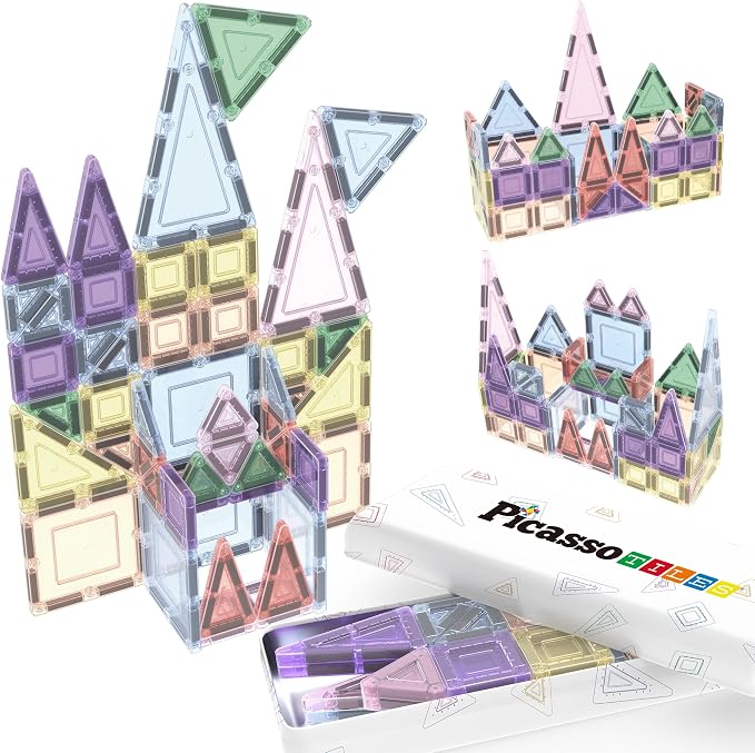 PicassoTiles 50PC Magnetic Tiles Travel Set Nano + Original Size Construction Building Block 2-in-1 Tile Collection with Tin Box Storage Case Montessori STEM Activity Learning Kit Kids Ages 3+ PN12