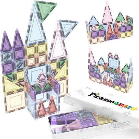 PicassoTiles 50PC Magnetic Tiles Travel Set Nano + Original Size Construction Building Block 2-in-1 Tile Collection with Tin Box Storage Case Montessori STEM Activity Learning Kit Kids Ages 3+ PN12