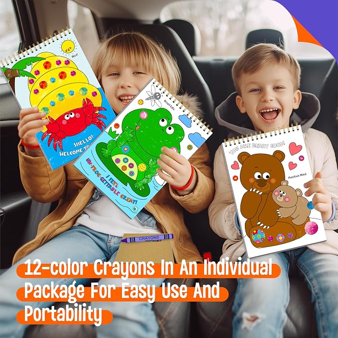 SpriteGru Road Trip Coloring Kit, 50 Coloring Pages with 940 Decorative Stickers & 12 Crayons, Mess-Free Travel Sticker Collage Activity DIY Dotty Animals Travel Art Craft Kit for Kids, Toddlers