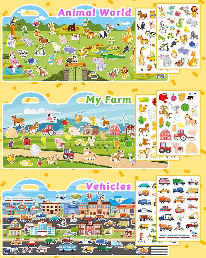 Benresive Reusable Sticker Book for Toddlers, Stickers for Kids, Travel Toy | Toddler Toys, Boys Girls Birthday Gifts, Airplane & Road Trip Essentials Kids, No Mess Waterproof Toddler Crafts Activities