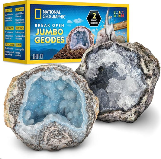 National Geographic Break Open 2 Jumbo Geodes Science Kit for Kids | 2 Large Natural Geodes, Real Crystals Inside, Safety Goggles, Break-Open Geology Activity, Earth Science, Birthday Gift