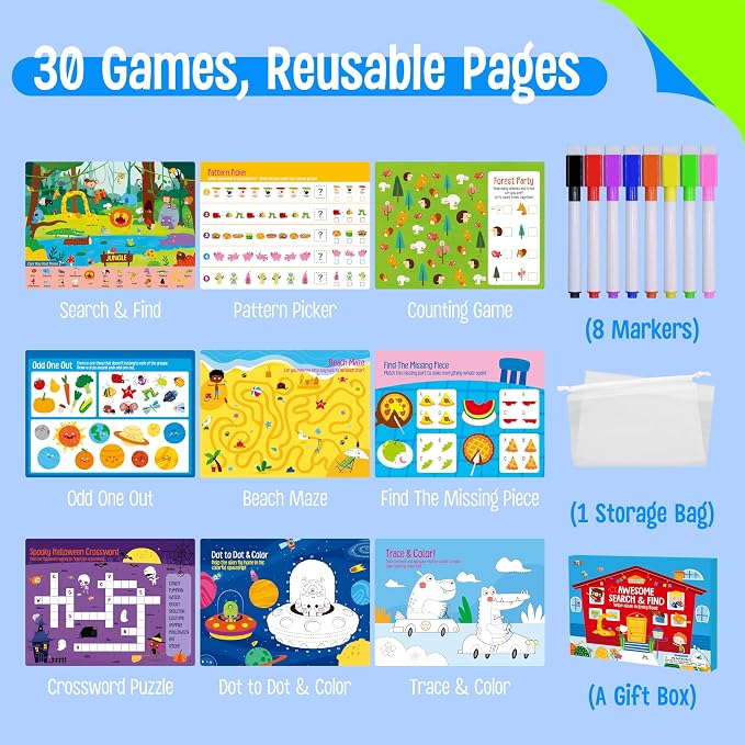 Search & Find Book, 15 Different Searching Games & 15 Fun Activity Games, Montessori Learning Toy Educational Game Travel Toys for Autism Sensory, Preschool, Girls and Boys 3+ (8 Markers Included)