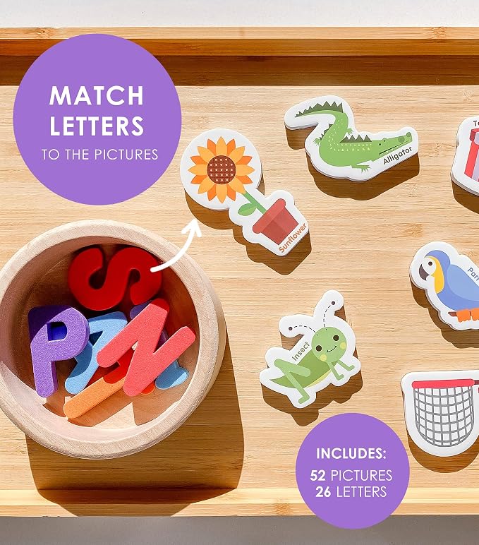 Curious Columbus Magnetic Objects and Letters, Foam Fridge Magnets for Kids | 52 Pictures and 26 Uppercase Alphabet Magnets from A-Z, Educational Toy for Preschool Learning, Full Magnetic Backing