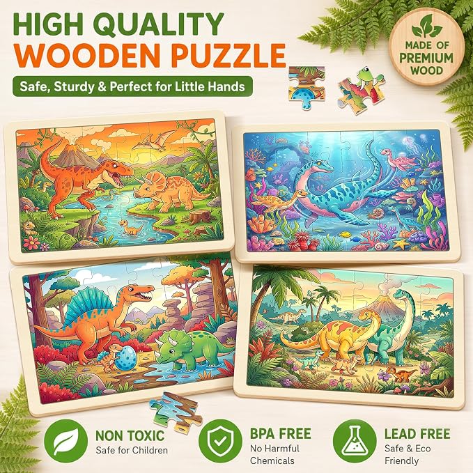 Puzzles for Kids Ages 4-6, 4-Pack 24-Piece Wooden Kids Puzzles | Dinosaur Adventure Themes | Educational Puzzles for Kids Ages 3-5, Age-Appropriate Learning Toys, Ages 3+