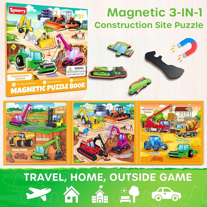 SYNARRY Construction Vehicle Toys Magnetic Puzzles for Kids Ages 3-5 | Magnetic Travel Puzzle for Kids Ages 4-6, Car Airplane Road Trip Activities, Construction Vehicle Excavator Birthday Gifts