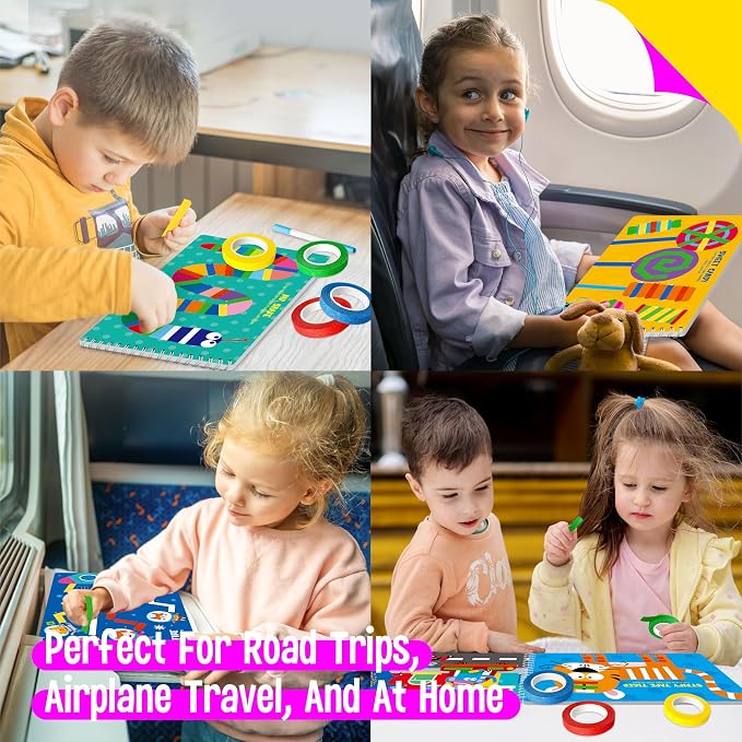 SpriteGru Tape Activity Book, 30 Dry Erase Scenes and 4 Colorful Tapes, Reusable & Erasable Pages and Easy-Tear Tapes, Fun and Creative Game Pad for Road Trip, Travel, At Home