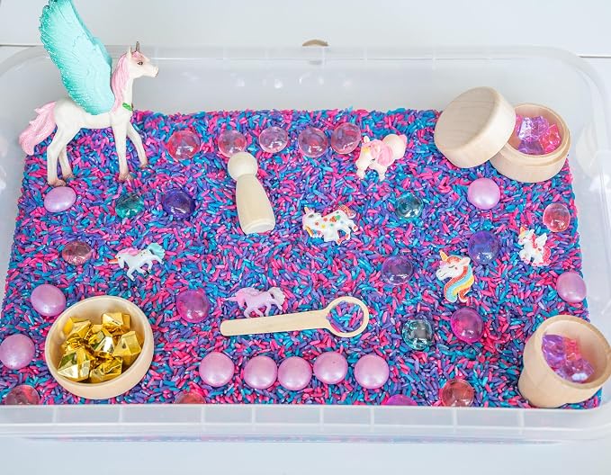 Unicorn Sensory Bin Kit for Kids | Pink, Purple & Blue Rice, Unicorn Figurines & Charms, Crystals & Wooden Tools – Includes Clear Storage Bin