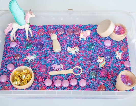 Unicorn Sensory Bin Kit for Kids | Pink, Purple & Blue Rice, Unicorn Figurines & Charms, Crystals & Wooden Tools – Includes Clear Storage Bin