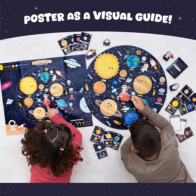 BONNYCO Giant Floor Puzzles for Kids Solar System with 70 Large Pieces. Round Space Puzzle with Planets, 23 x 23 in, 15 Cards, 4 3D Figures, Guide. Learning Gifts, Toys for 4 Year Old Boys | With 15 cards and 4 figures. Round Puzzle 58 x 58 cm, Guide I...