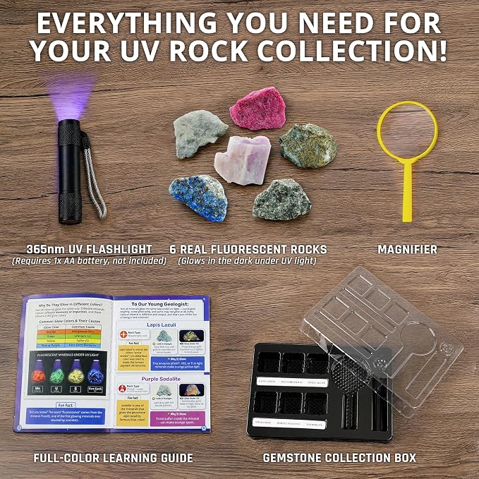 PIBEX Fluorescent Rock Science Kit, 6 Glowing Rocks, with UV Flashlight | 365nm UV Reactive Minerals ~1.5" Each, Fluorescence Experiment, Light-up Science Toy, STEM Geology Gift for Kids Ages 6-8-12